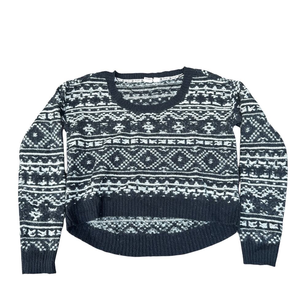 Roxy Black White Fair Isle Cropped Wool Blend Sweater Medium